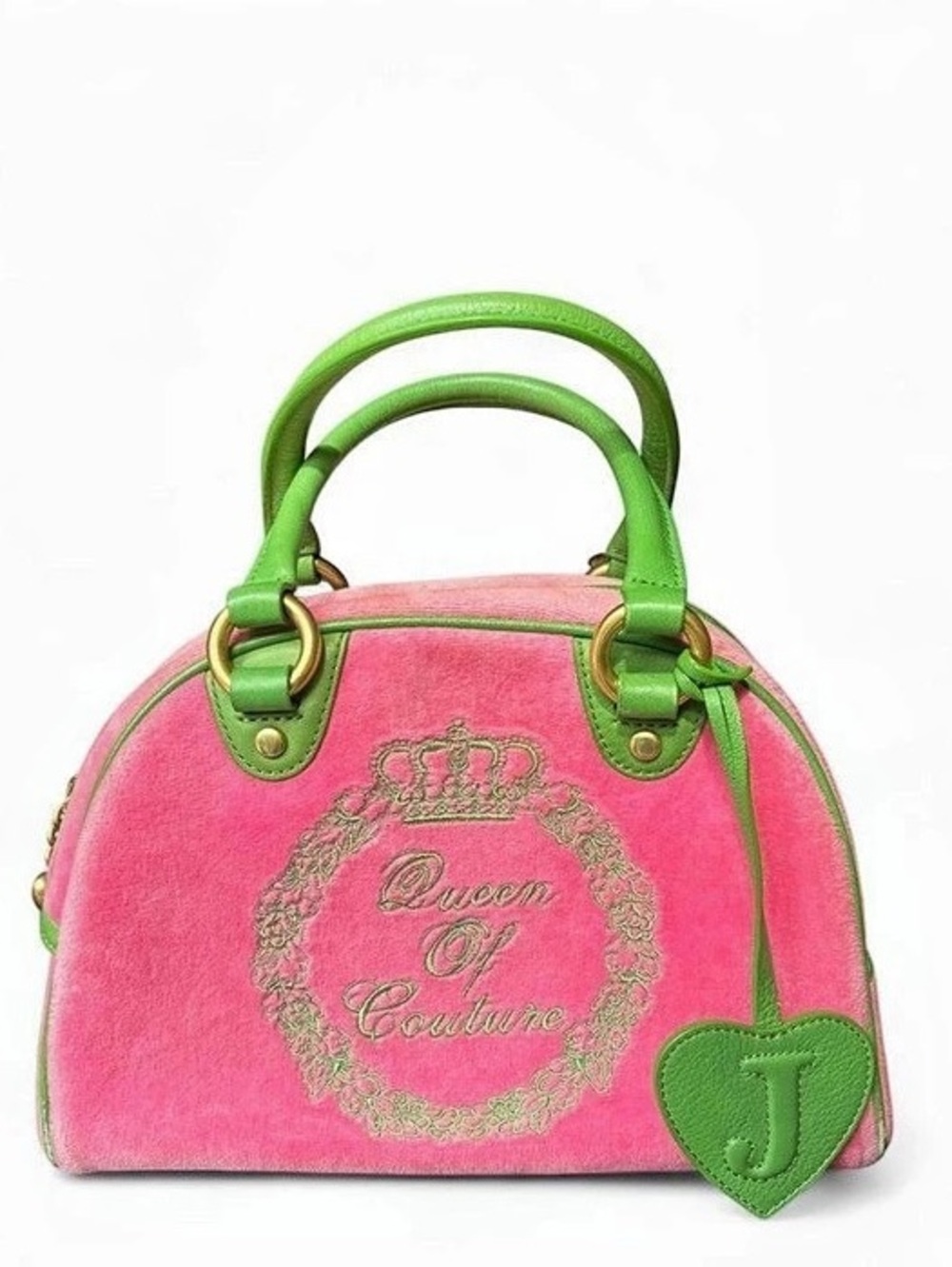 Juicy Couture Queen of Couture Velour Bowler Bag Pink & Green Satchel